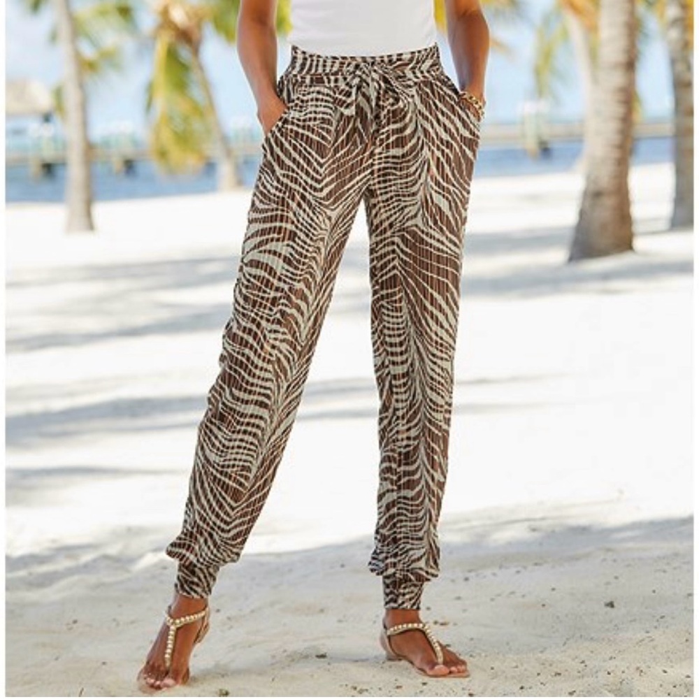 Lascana Brown Blue Animal Print Pattern Tie Waist Jogger Pants 12